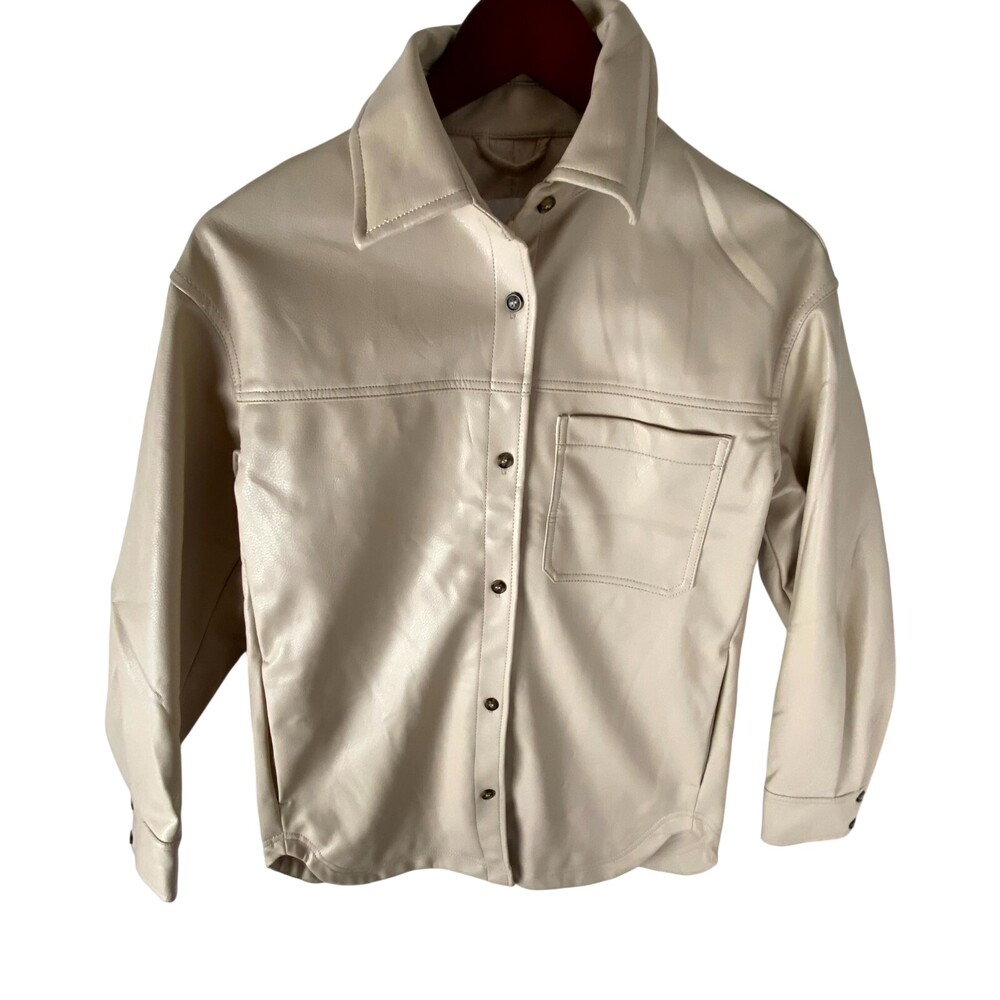 H&M Leather Shirt Jacket Womens XS Beige Lined Long Sleeve Pockets Button Front